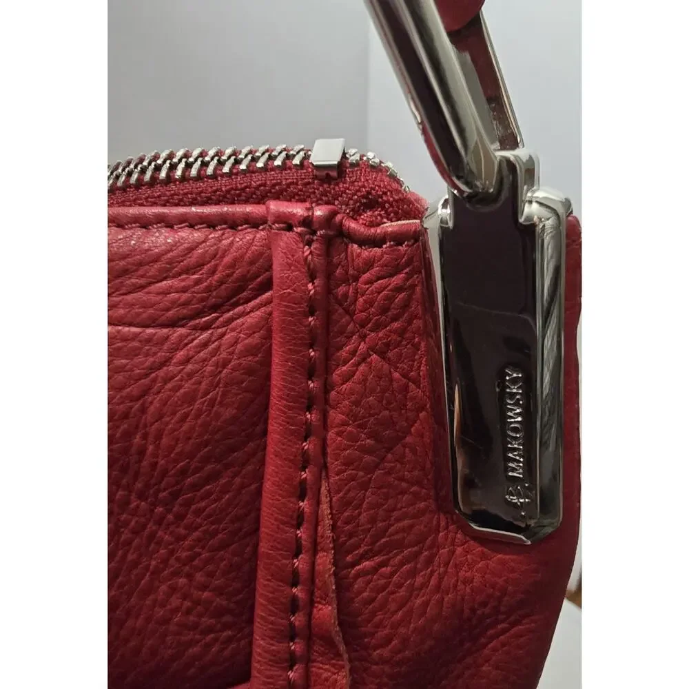 B. Makowsky Red Hobo Handbag Fringe Genuine Leather Pebbled Large